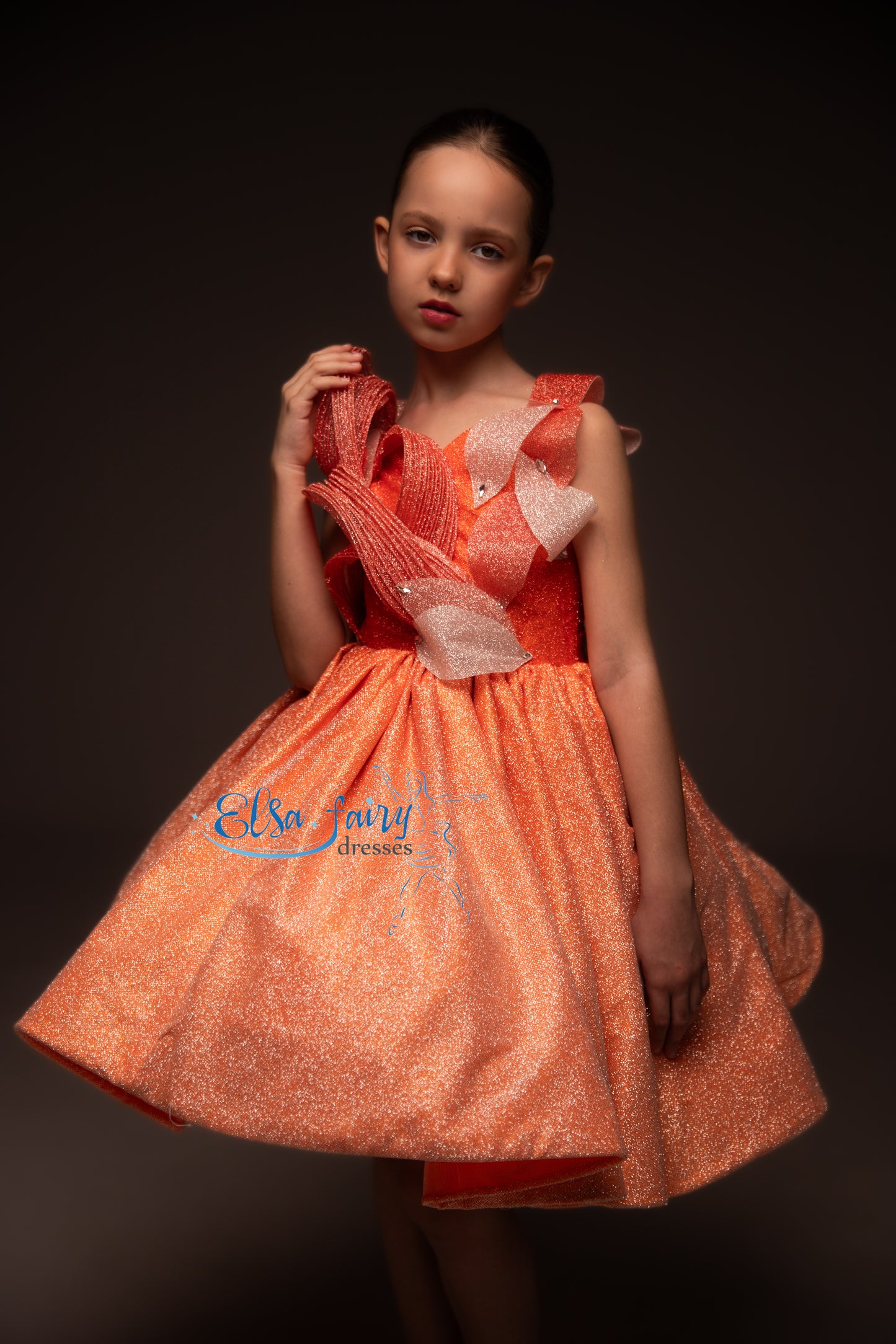 Orange couture special occasion cocktail dress, Pageant ball gown, Birthday Girl Dress, Flower Girl Dress, Wedding guest Dress, junior bridesmaid gown