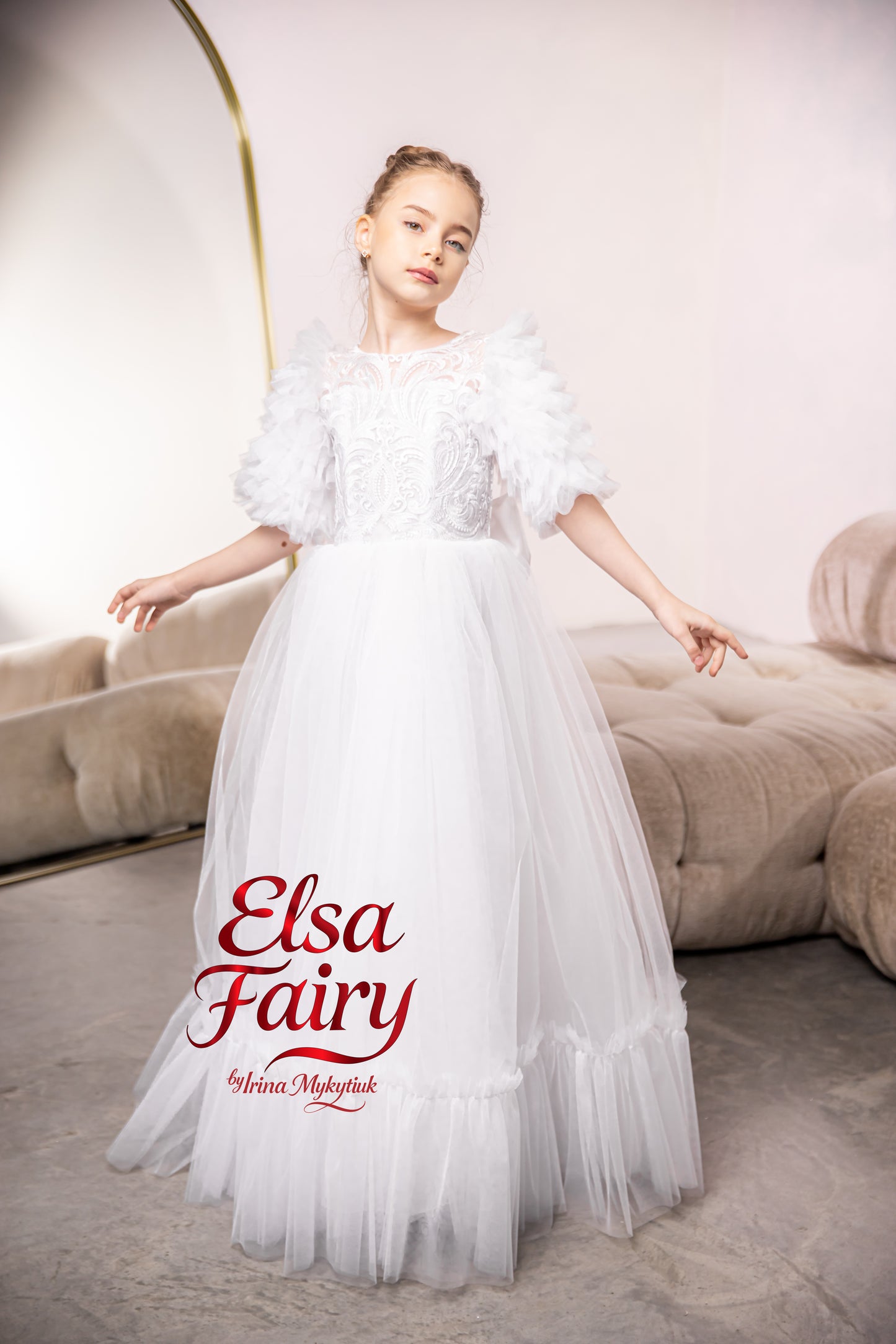 White First Communion Dress: Handmade Baptism Gown with tulle skirt and puffy sleeves