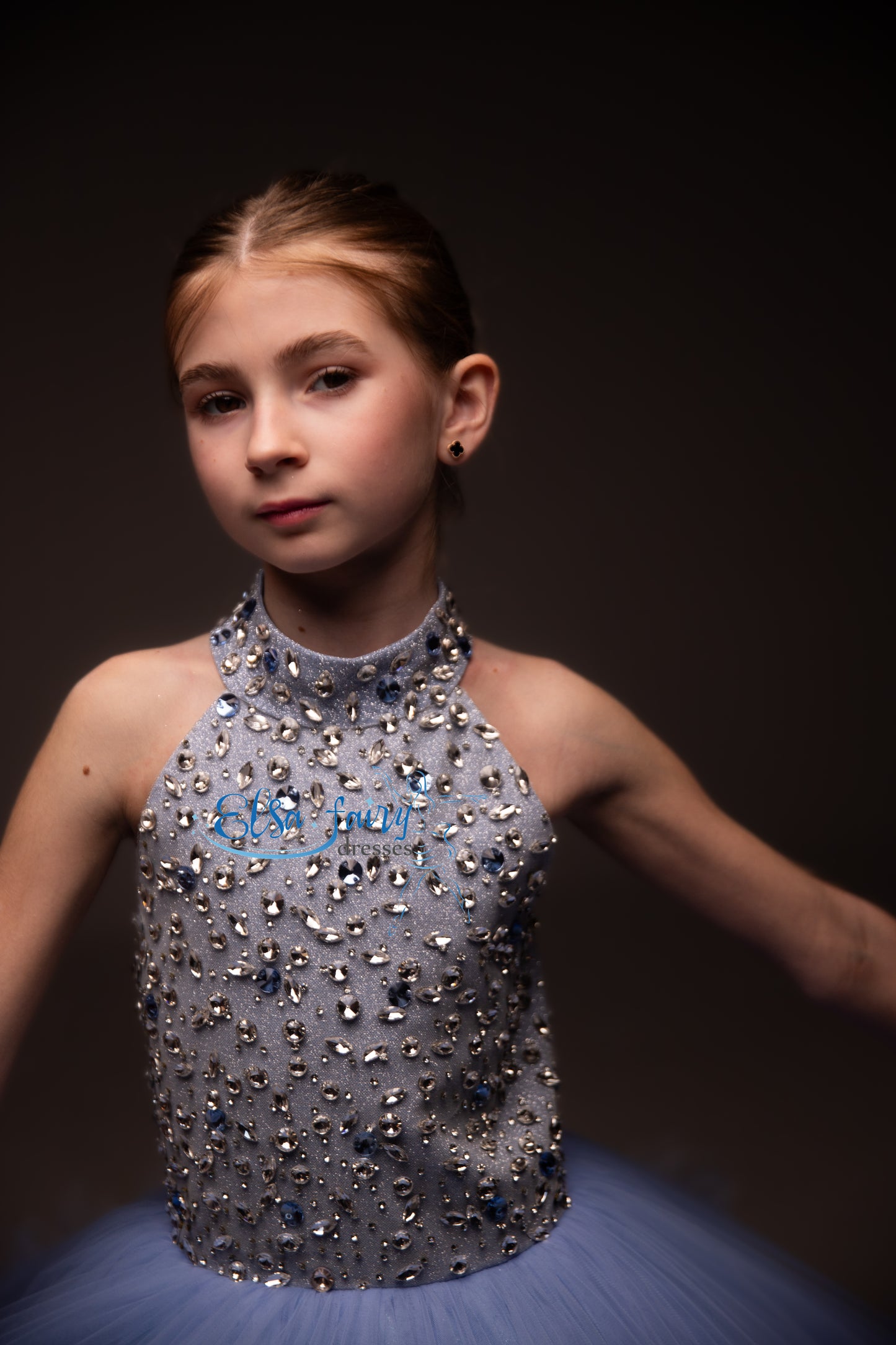 Blue pageant girl dress with beaded bodice, flower girl dress, long formal wear, tulle dress, birthday ball gown
