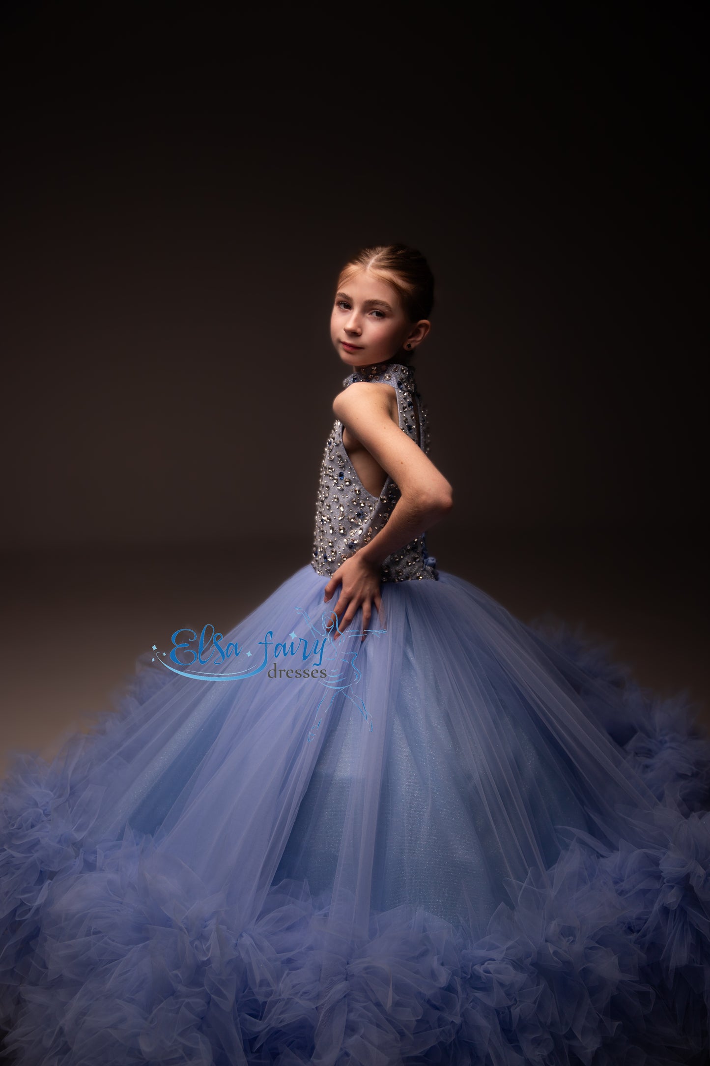 Blue pageant girl dress with beaded bodice, flower girl dress, long formal wear, tulle dress, birthday ball gown