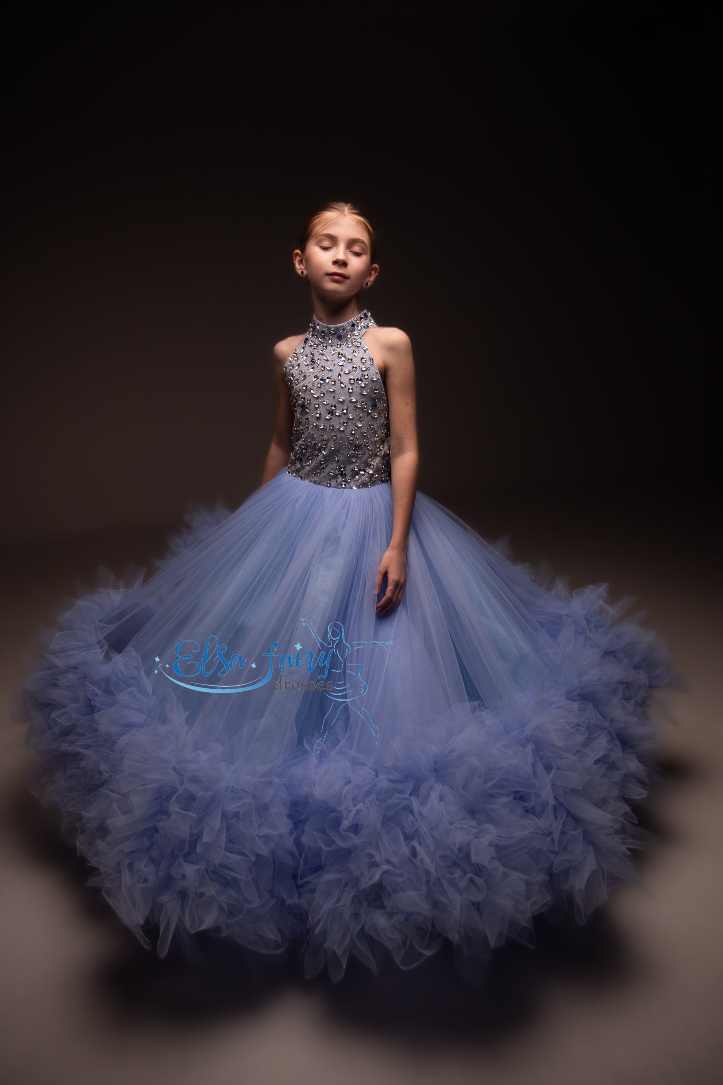 Blue pageant girl dress with beaded bodice, flower girl dress, long formal wear, tulle dress, birthday ball gown