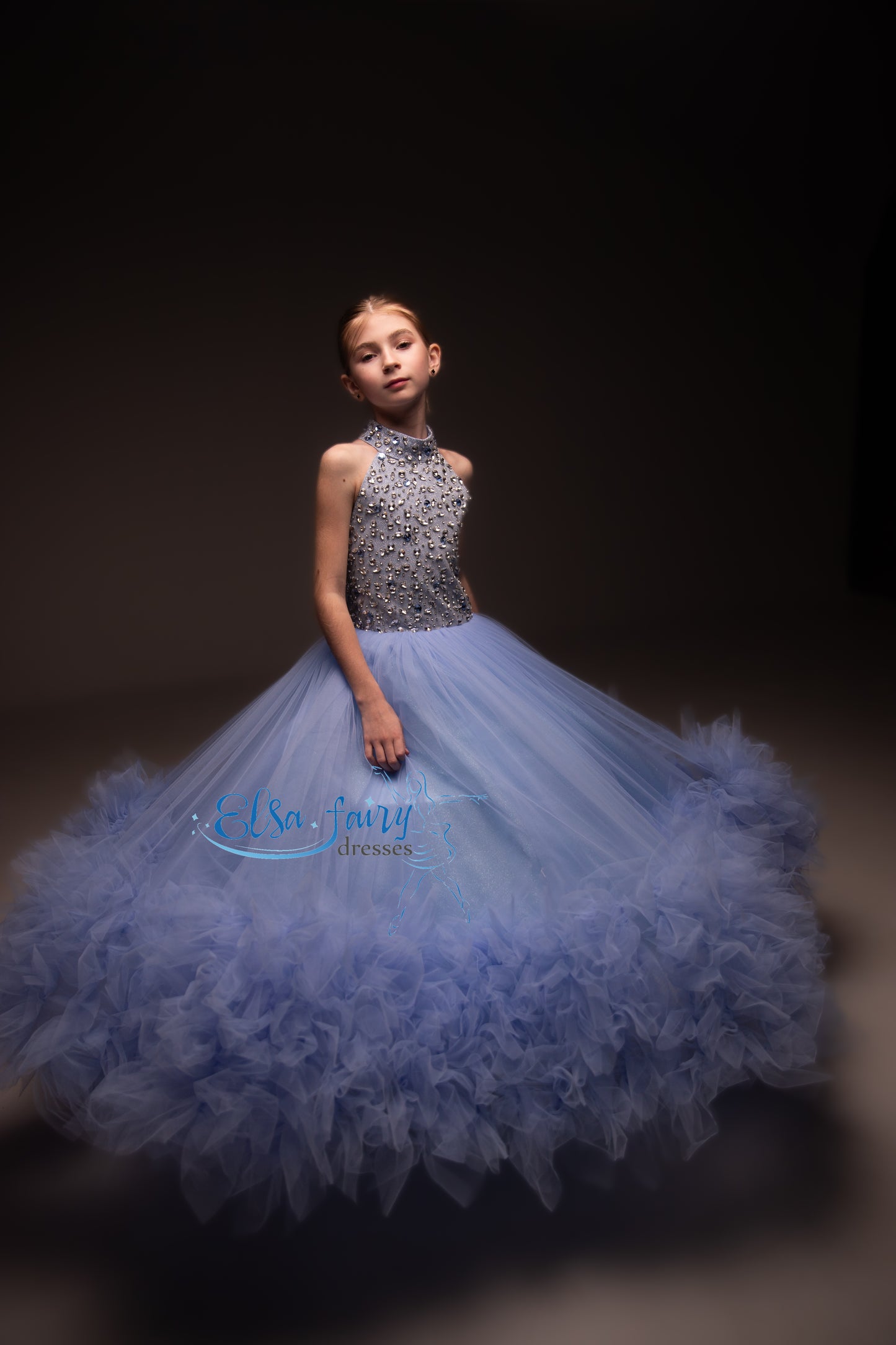 Blue pageant girl dress with beaded bodice, flower girl dress, long formal wear, tulle dress, birthday ball gown