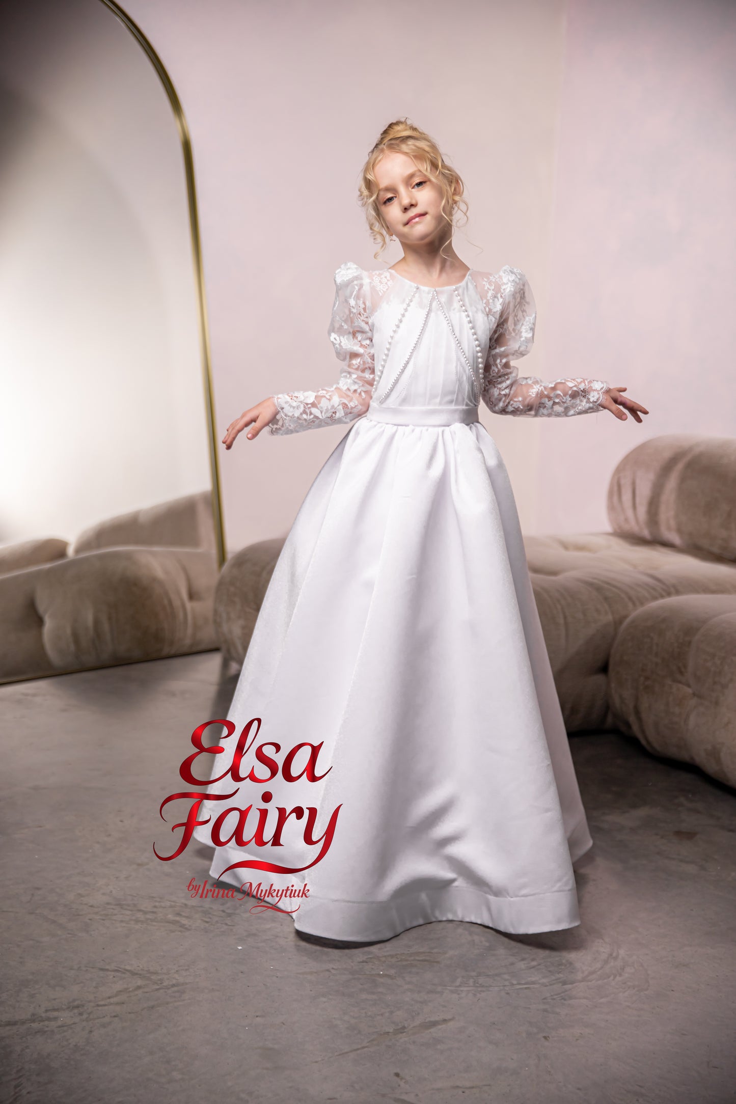 White Satin First Communion Dress: Handmade Baptism Gown with satin skirt and laced bodice