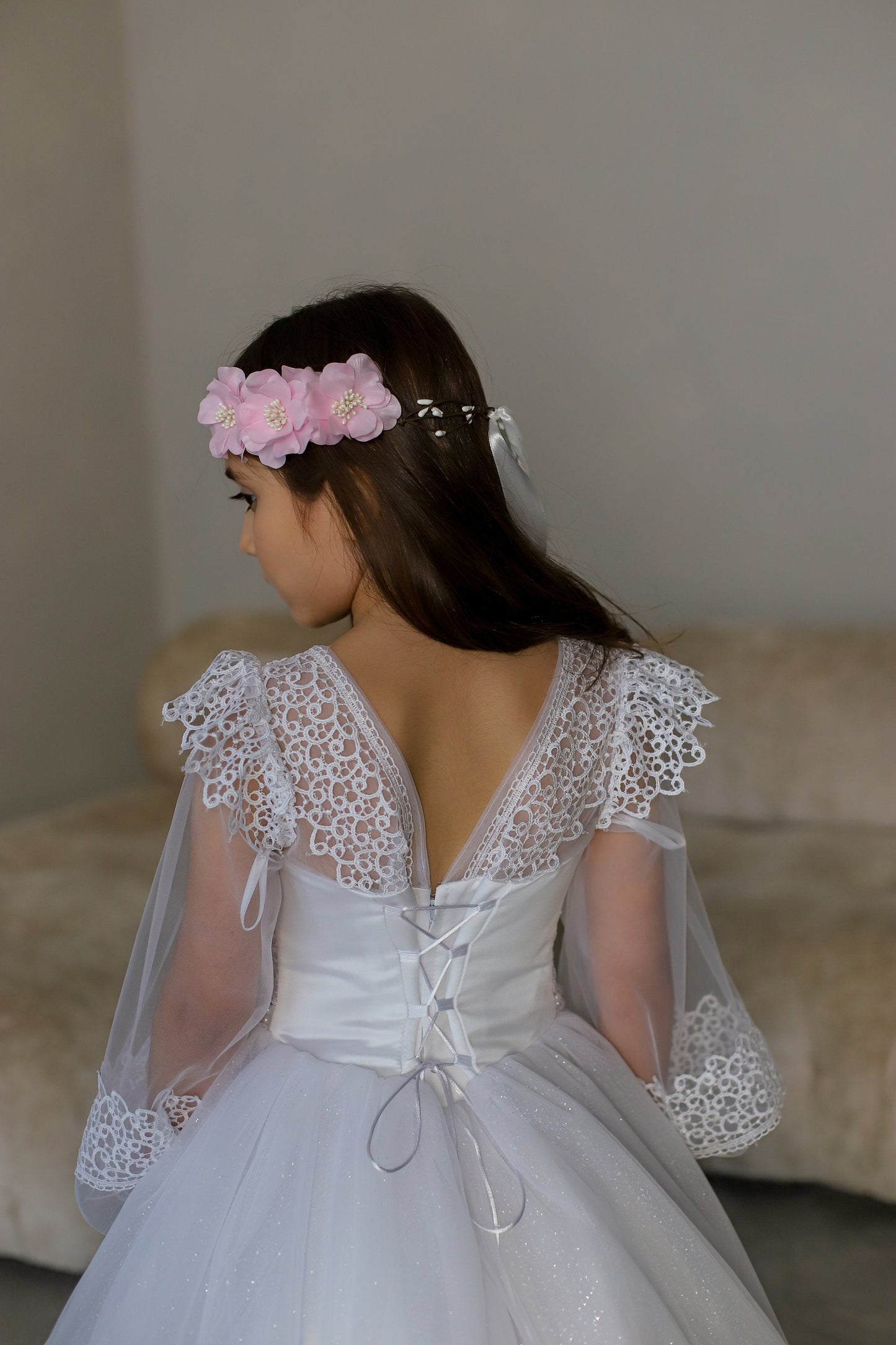 White Lace First Communion dress long puffy sleeve, Flower Girl Dress, wedding guest tulle dress, Baptism gown, Junior Bridesmaid dress
