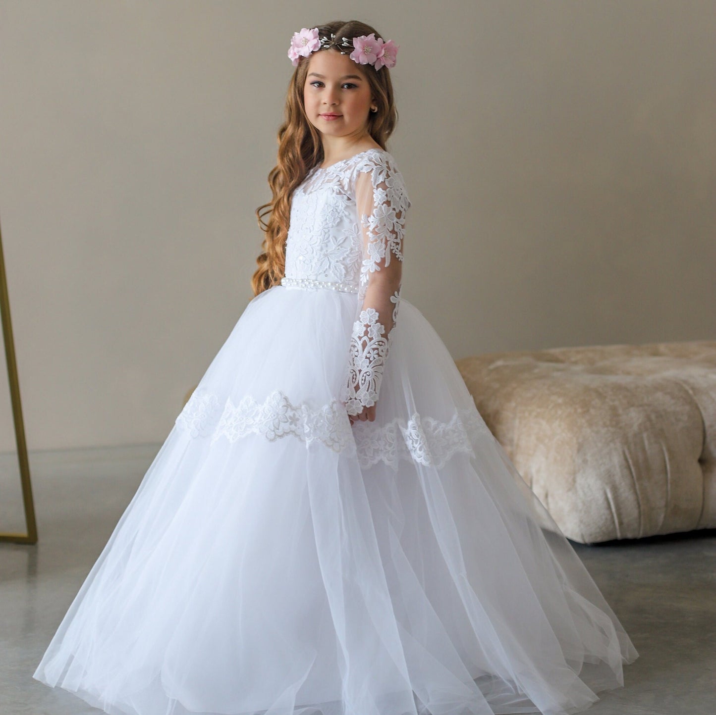 White Lace First Communion dress long puffy sleeve, Flower Girl Dress, wedding guest tulle dress, Baptism gown, Junior Bridesmaid dress