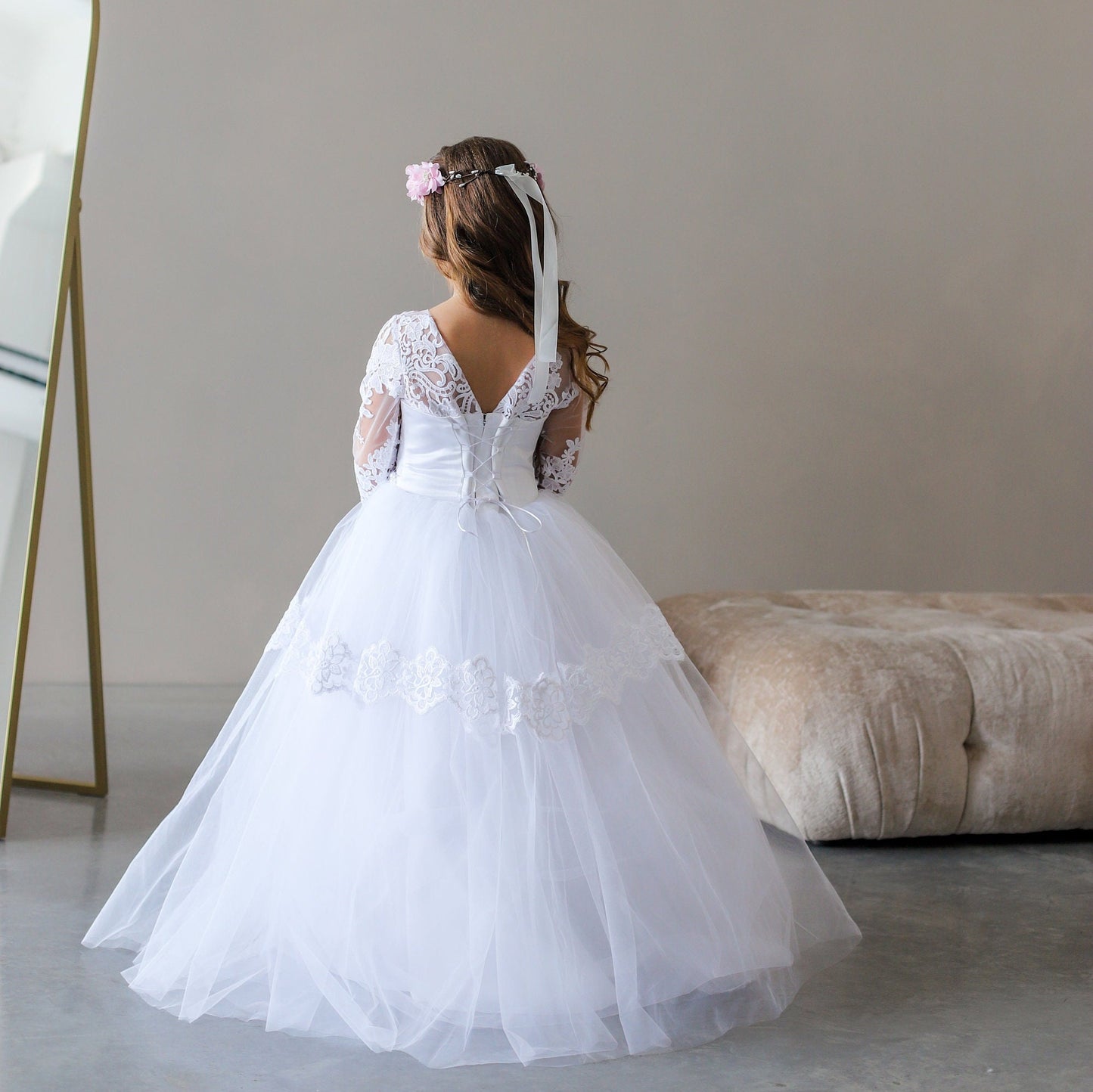 White Lace First Communion dress long puffy sleeve, Flower Girl Dress, wedding guest tulle dress, Baptism gown, Junior Bridesmaid dress