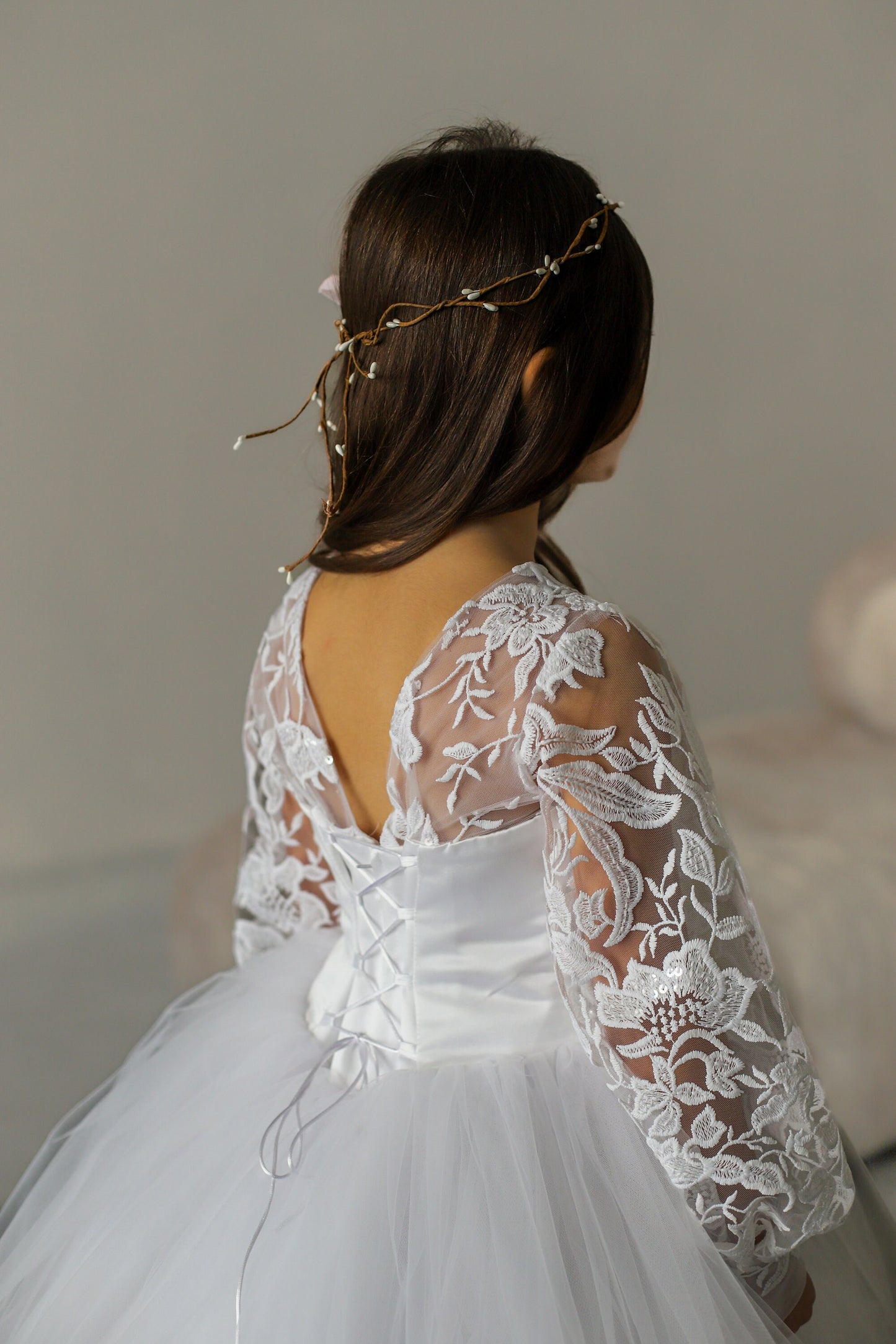White Lace First Communion dress long puffy sleeve, Flower Girl Dress, wedding guest tulle dress, Baptism gown, Junior Bridesmaid dress