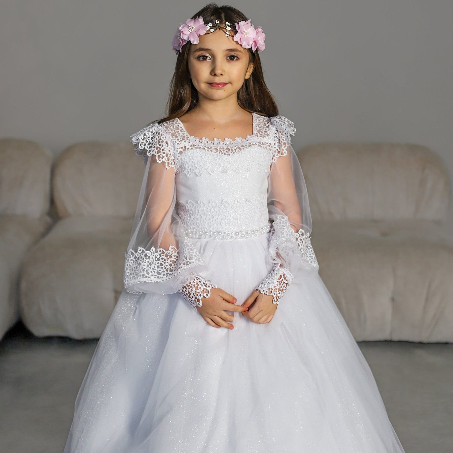 White Lace First Communion dress long puffy sleeve, Flower Girl Dress, wedding guest tulle dress, Baptism gown, Junior Bridesmaid dress