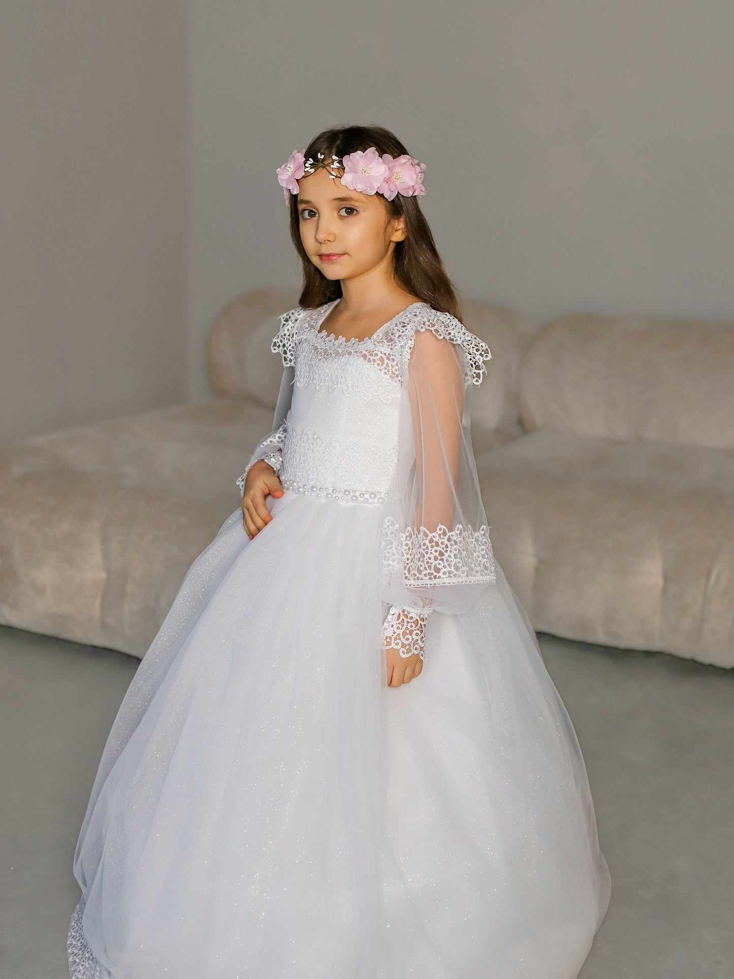 White Lace First Communion dress long puffy sleeve, Flower Girl Dress, wedding guest tulle dress, Baptism gown, Junior Bridesmaid dress