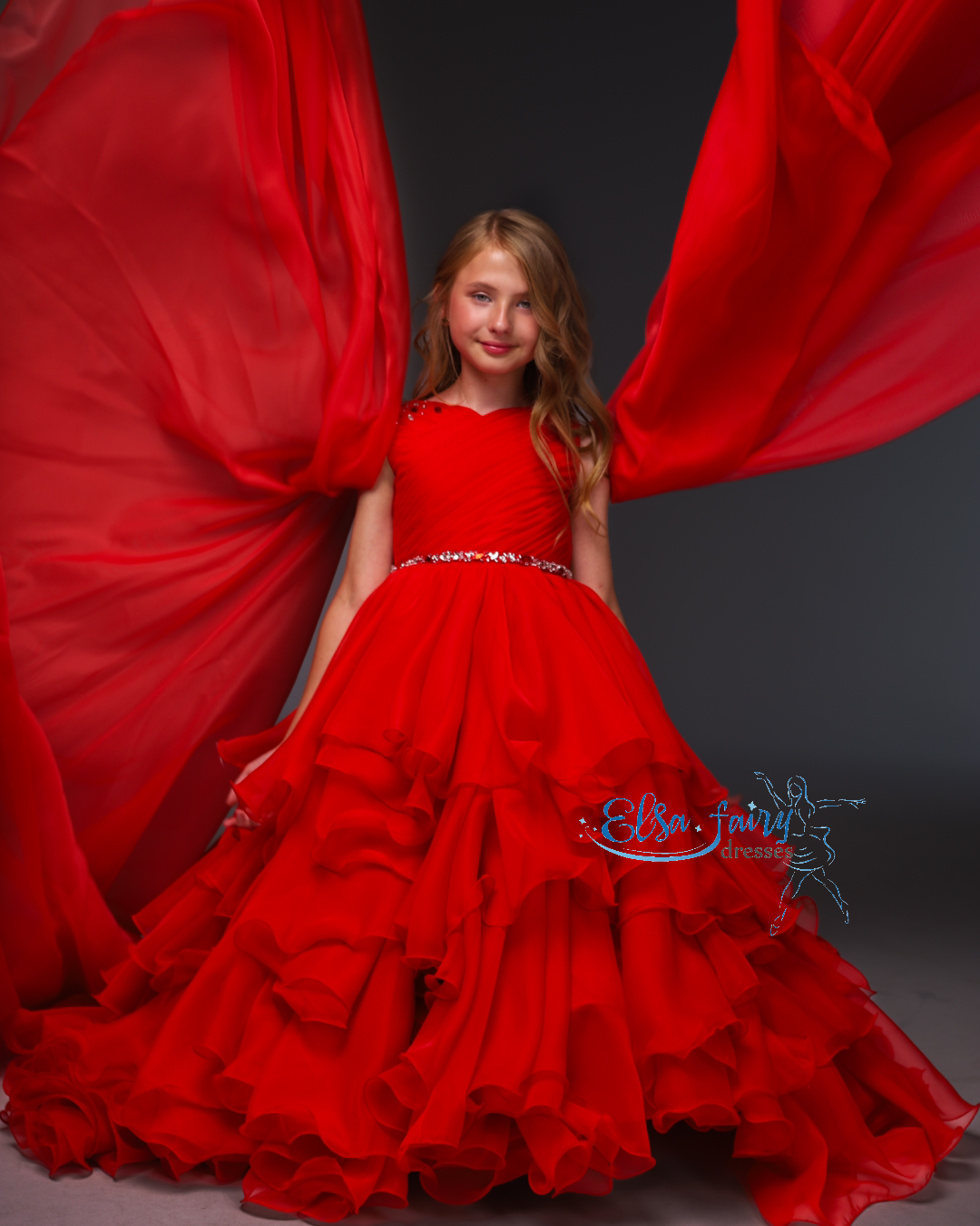 Red pageant chiffon girl dress with beaded shoulders and waist, flower girl dress, long formal wear, organza tulle dress, birthday ball gown