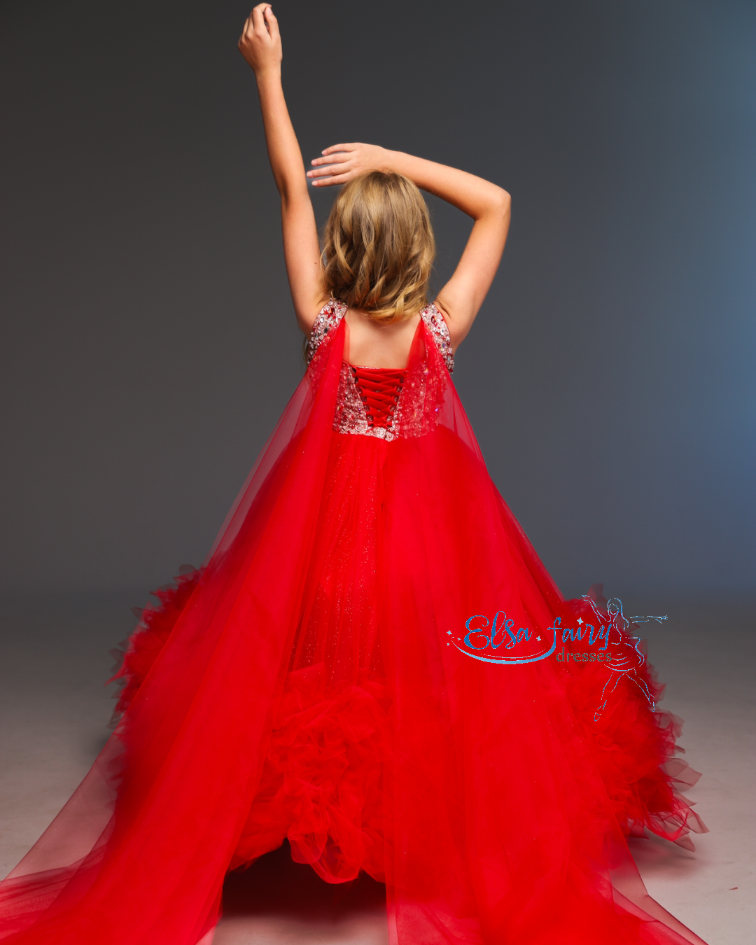 Red pageant girl dress with beaded bodice, flower girl dress, long formal wear, tulle dress, birthday ball gown
