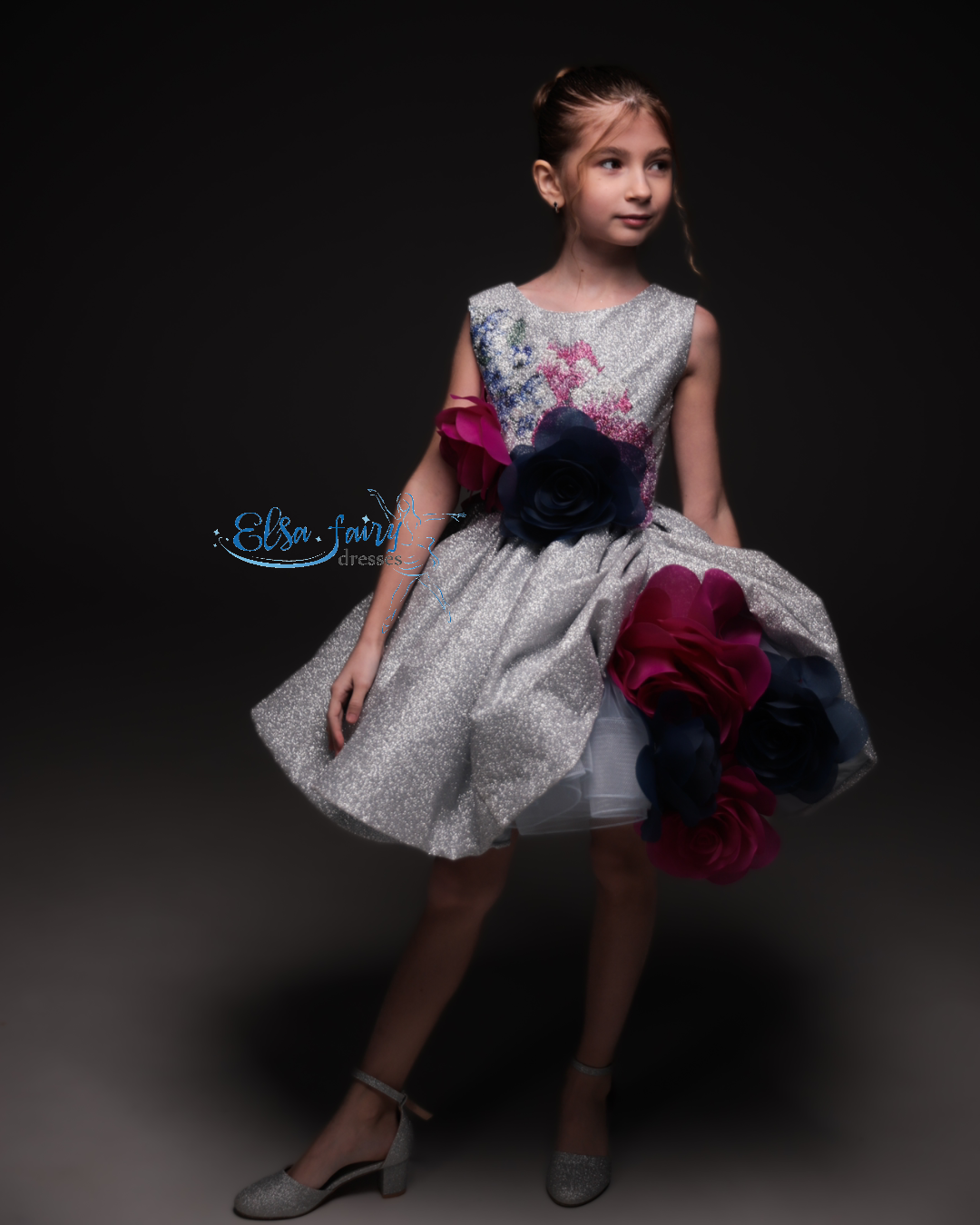 Silver couture special occasion dress, Pageant ball gown, Birthday Girl Dress, Flower Girl Dress, Wedding guest Dress, junior bridesmaid gown