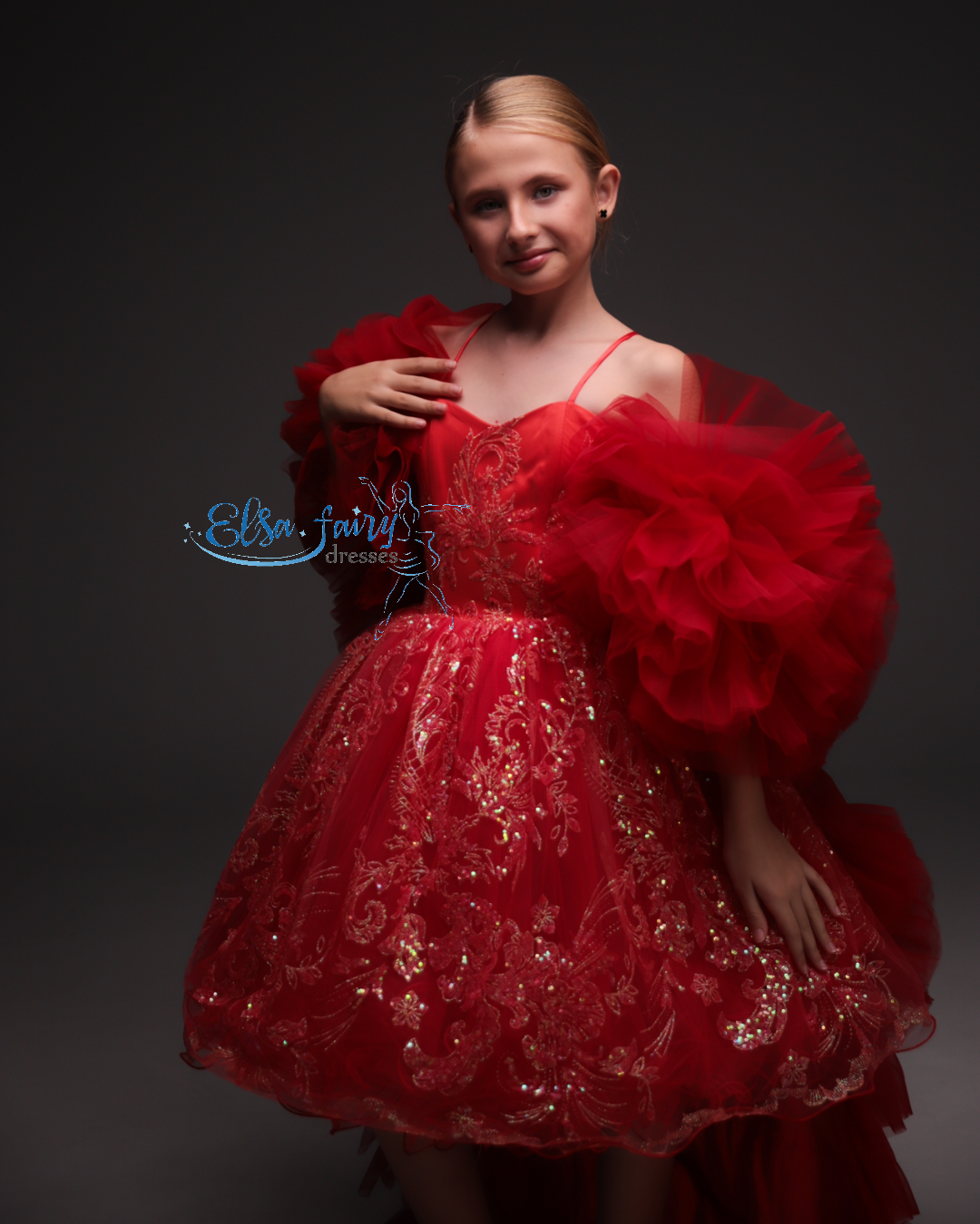 Red Cocktail Birthday Girl Dress with tulle cape, Flower Girl Dress, Wedding guest Dress, Pageant fun fashion interview dress, junior bridesmaid gown