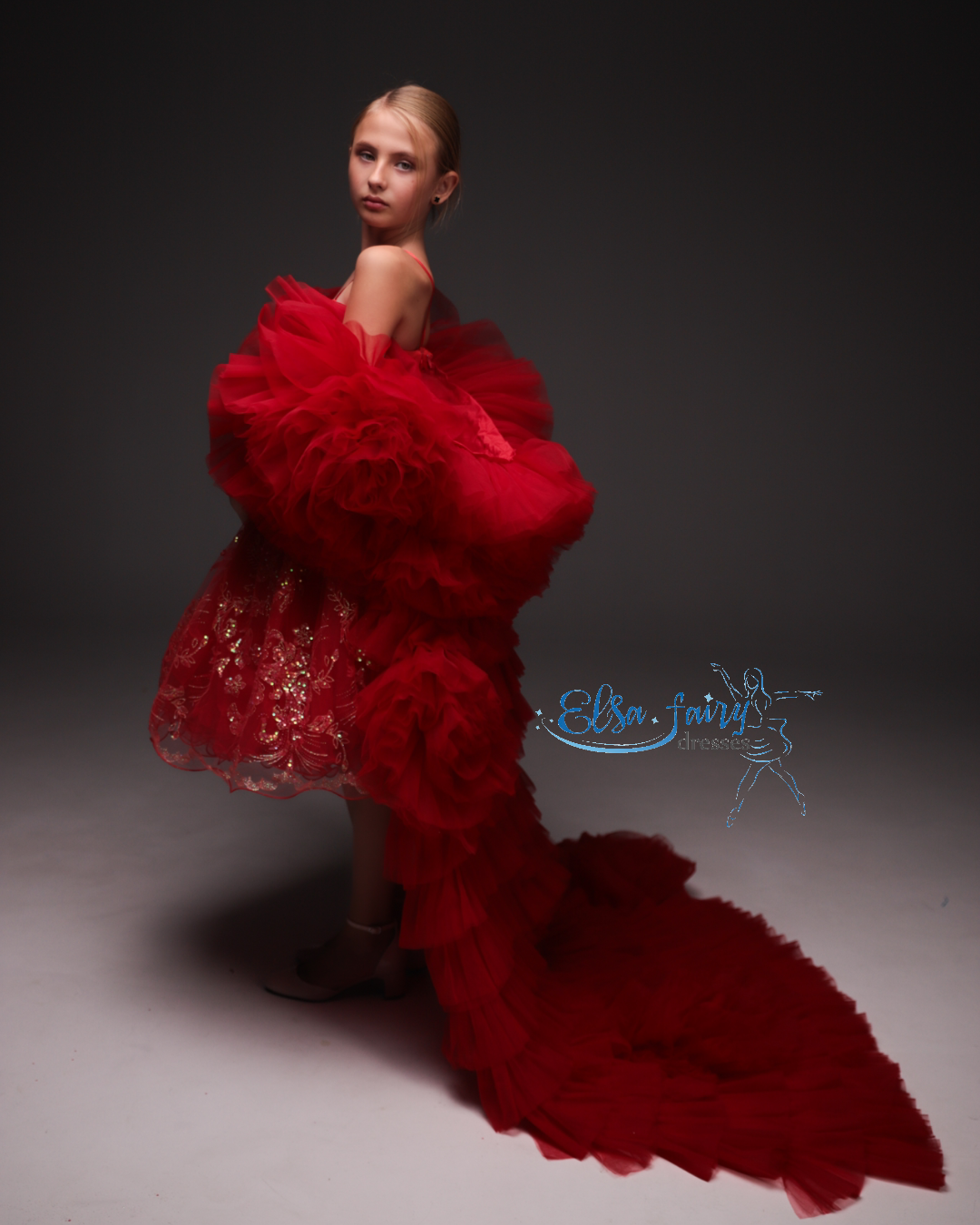 Red Cocktail Birthday Girl Dress with tulle cape, Flower Girl Dress, Wedding guest Dress, Pageant fun fashion interview dress, junior bridesmaid gown