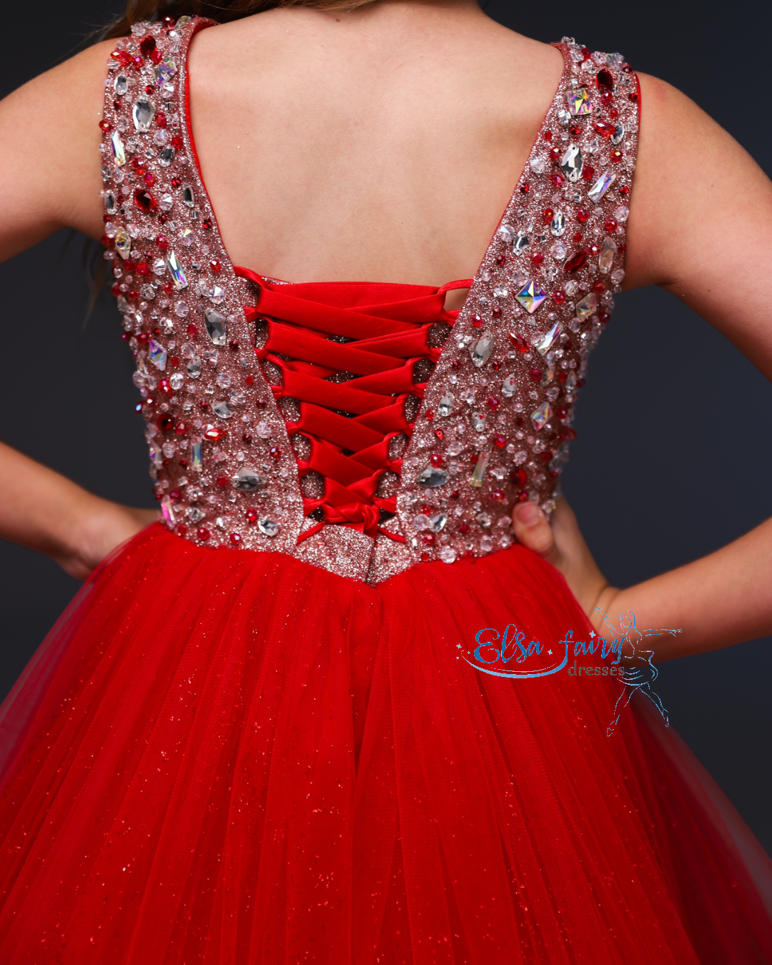 Red pageant girl dress with beaded bodice, flower girl dress, long formal wear, tulle dress, birthday ball gown