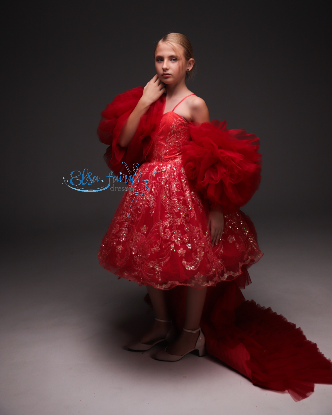Red Cocktail Birthday Girl Dress with tulle cape, Flower Girl Dress, Wedding guest Dress, Pageant fun fashion interview dress, junior bridesmaid gown