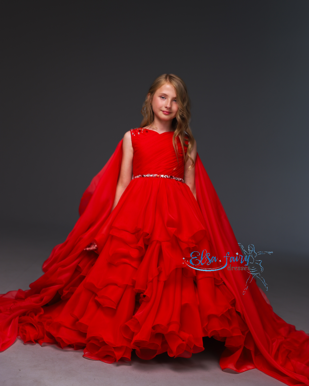 Red pageant chiffon girl dress with beaded shoulders and waist, flower girl dress, long formal wear, organza tulle dress, birthday ball gown