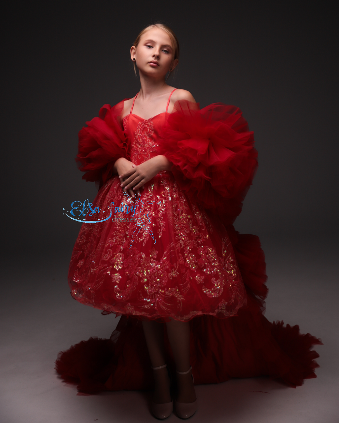 Red Cocktail Birthday Girl Dress with tulle cape, Flower Girl Dress, Wedding guest Dress, Pageant fun fashion interview dress, junior bridesmaid gown