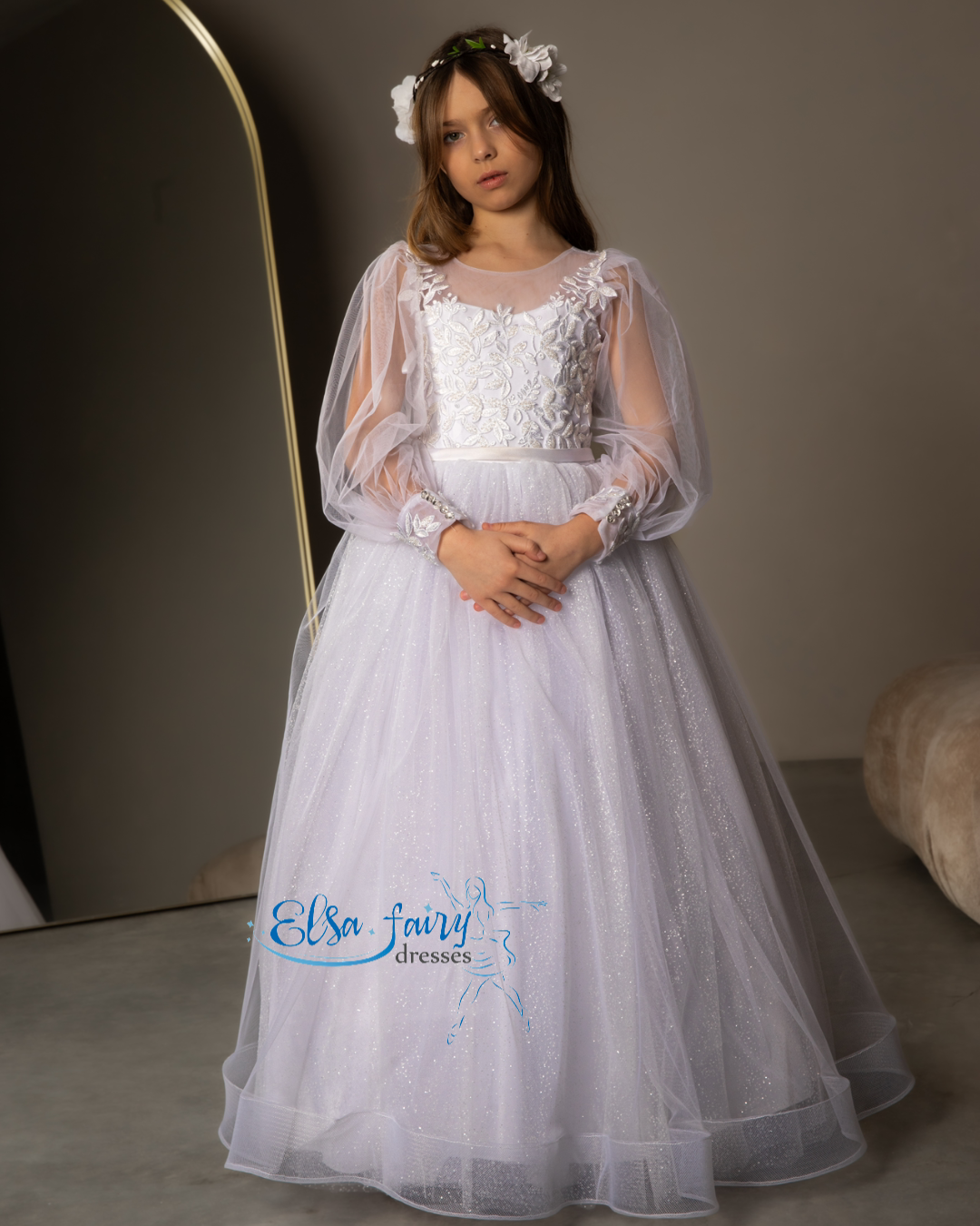White First Communion & Baptism dress, Flower Girl Dress, wedding guest dress, formal wear, special occasion gown, Junior Bridesmaid dress