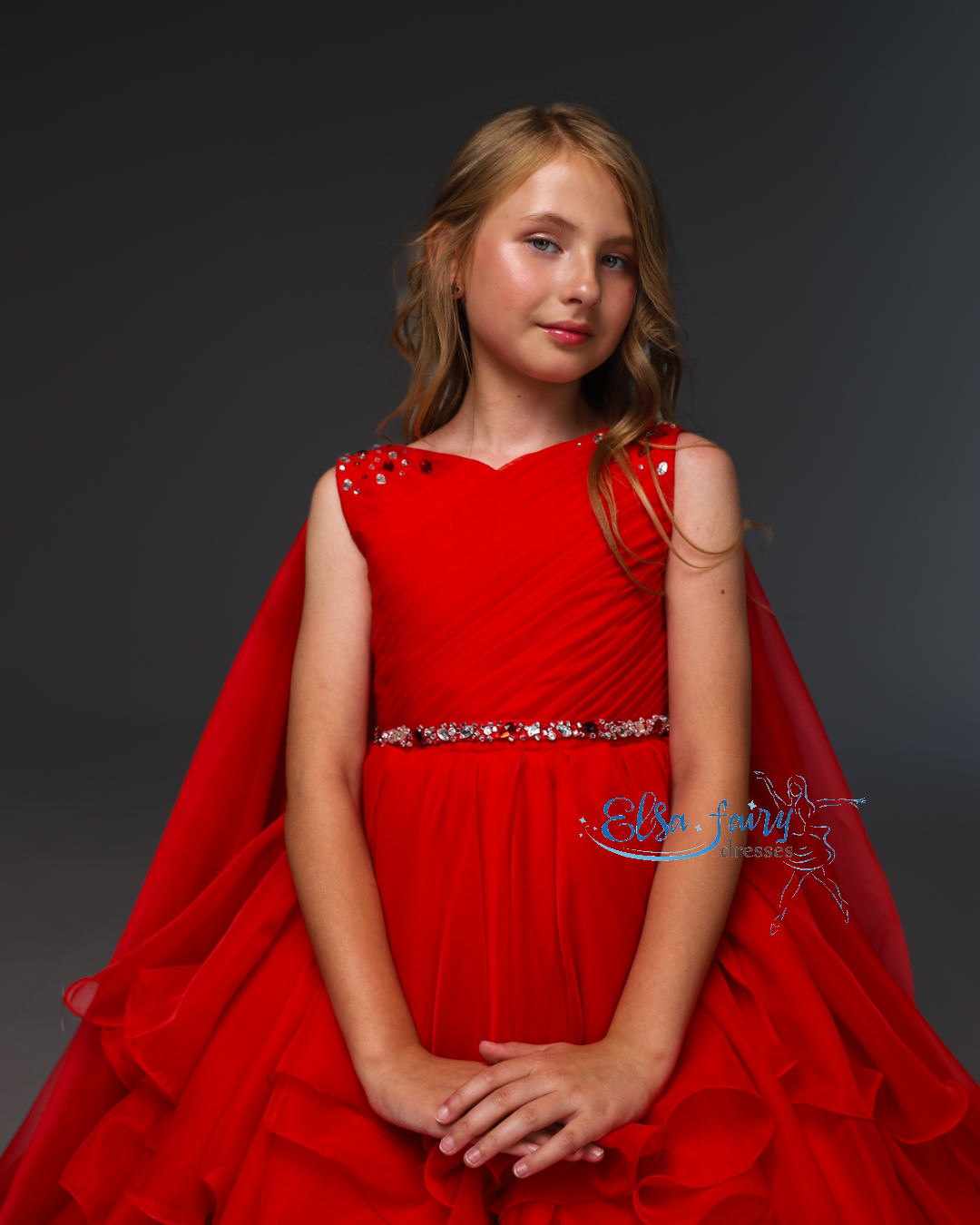 Red pageant chiffon girl dress with beaded shoulders and waist, flower girl dress, long formal wear, organza tulle dress, birthday ball gown