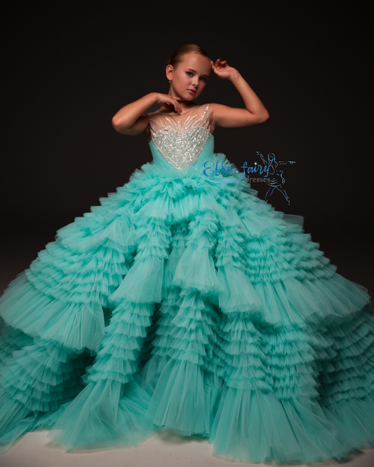 Mint Gala evening gown, Pageant ball gown, Birthday Girl Dress, Flower Girl Dress, Wedding guest Dress, Girl Birthday Dress, junior bridesmaid gown