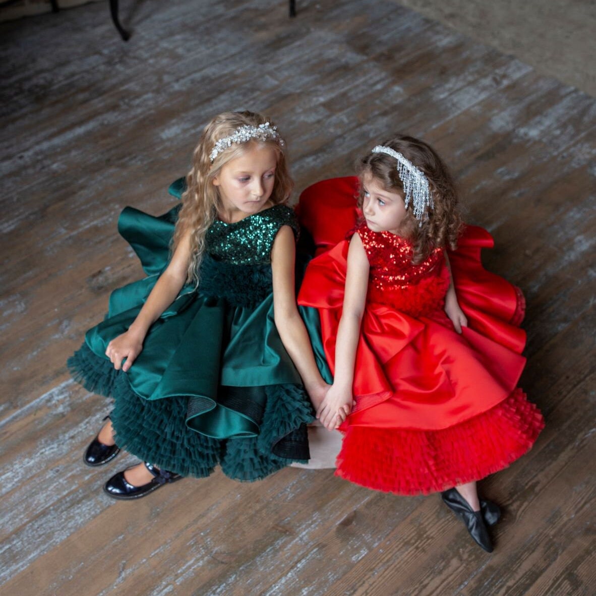 Xmas Green Girl Dress, Christmas Photoshoot Toddler Gown, Tutu Girl Dress puffy sleeves, Christmas dress, special occasion satin dress