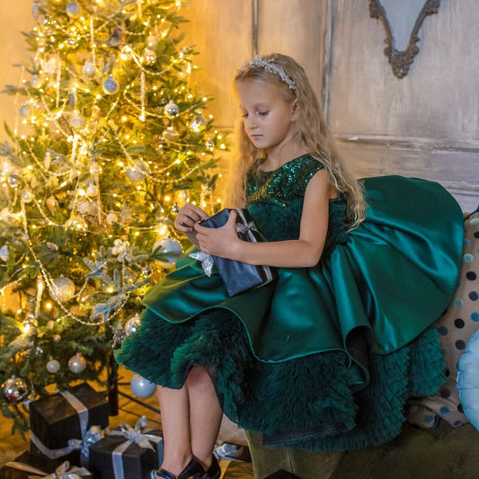 Xmas Green Girl Dress, Christmas Photoshoot Toddler Gown, Tutu Girl Dress puffy sleeves, Christmas dress, special occasion satin dress