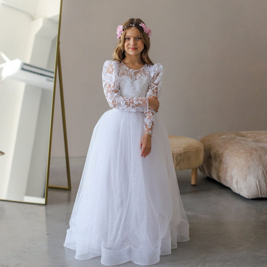 White Lace First Communion dress long puffy sleeve, Flower Girl Dress, wedding guest tulle dress, Baptism gown, Junior Bridesmaid dress