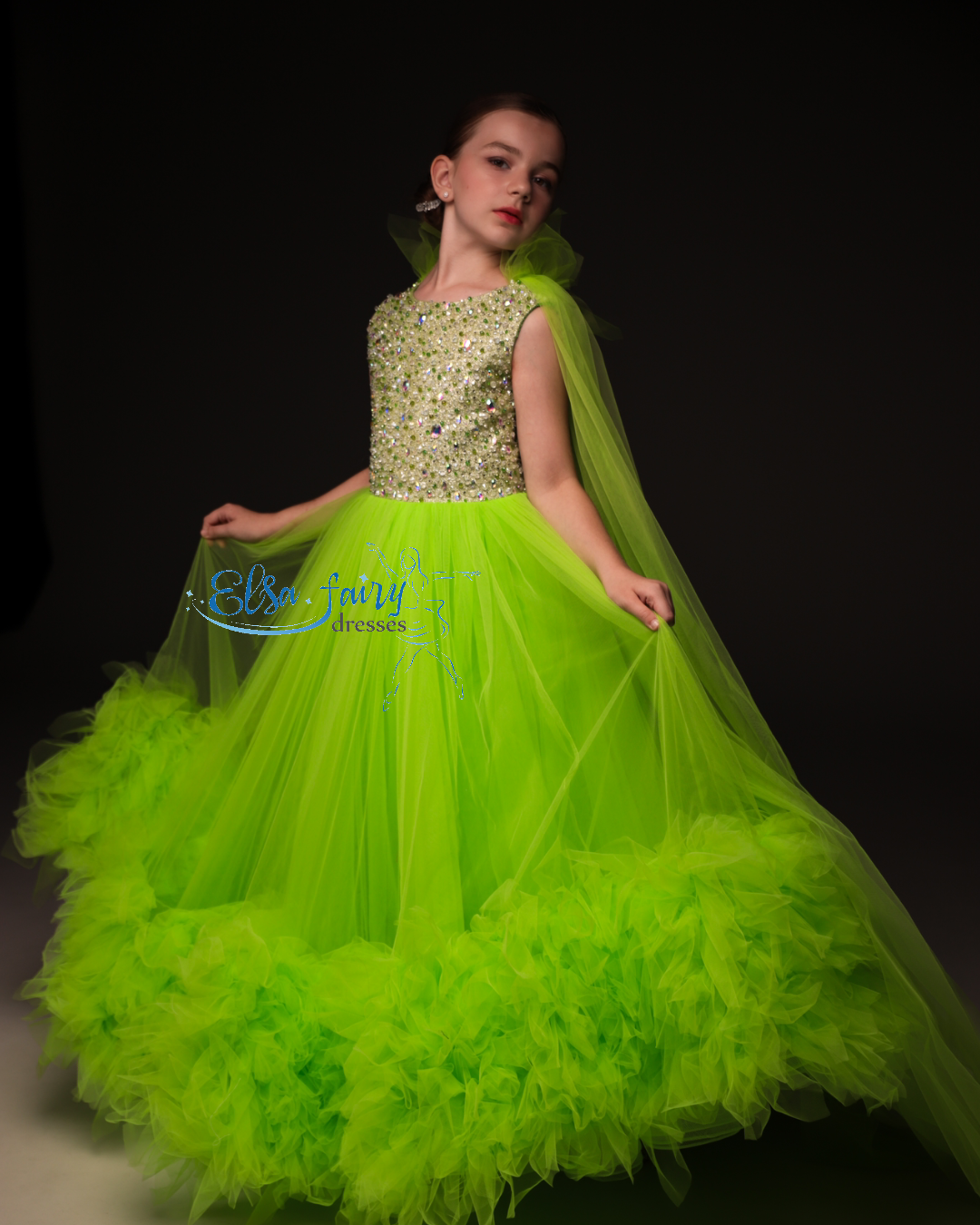 Green pageant girl dress with beaded bodice, flower girl dress, long formal wear, tulle dress, birthday ball gown