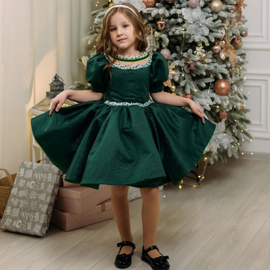 Xmas Green Girl Dress, Christmas Photoshoot Toddler Gown, Tutu Girl Dress puffy sleeves, Kids Christmas outfit, special occasion satin dress