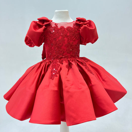 Xmas Red Girl Dress, Christmas Photoshoot Toddler Gown, Tutu Girl Dress puffy sleeves, Kids Christmas outfit, special occasion satin dress