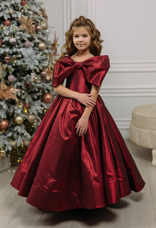 Xmas Red Sparkly Girl Dress, Christmas Photoshoot Toddler Gown, Tutu Girl Dress, Christmas outfit, special occasion dress with big bow