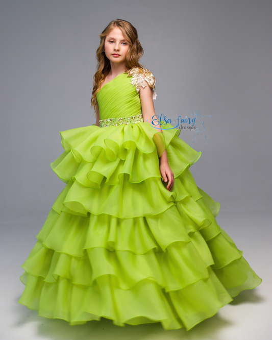 Green pageant girl dress with beaded shoulders and waist, flower girl dress, long formal wear, organza tulle dress, birthday ball gown