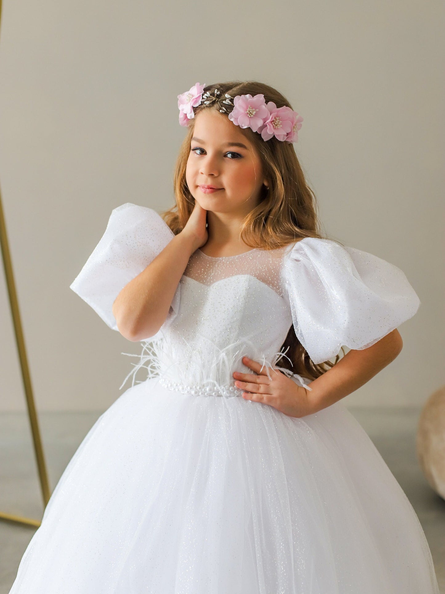 White Lace First Communion dress long puffy sleeve, Flower Girl Dress, wedding guest tulle dress, Baptism gown, Junior Bridesmaid dress