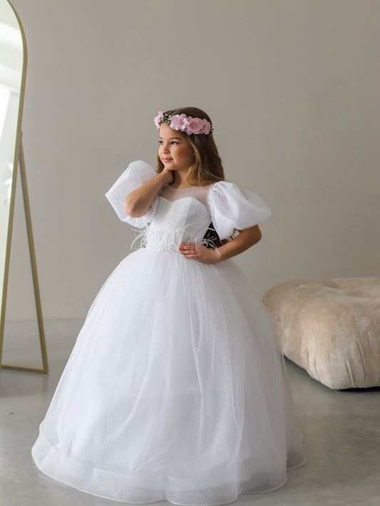 White Lace First Communion dress long puffy sleeve, Flower Girl Dress, wedding guest tulle dress, Baptism gown, Junior Bridesmaid dress