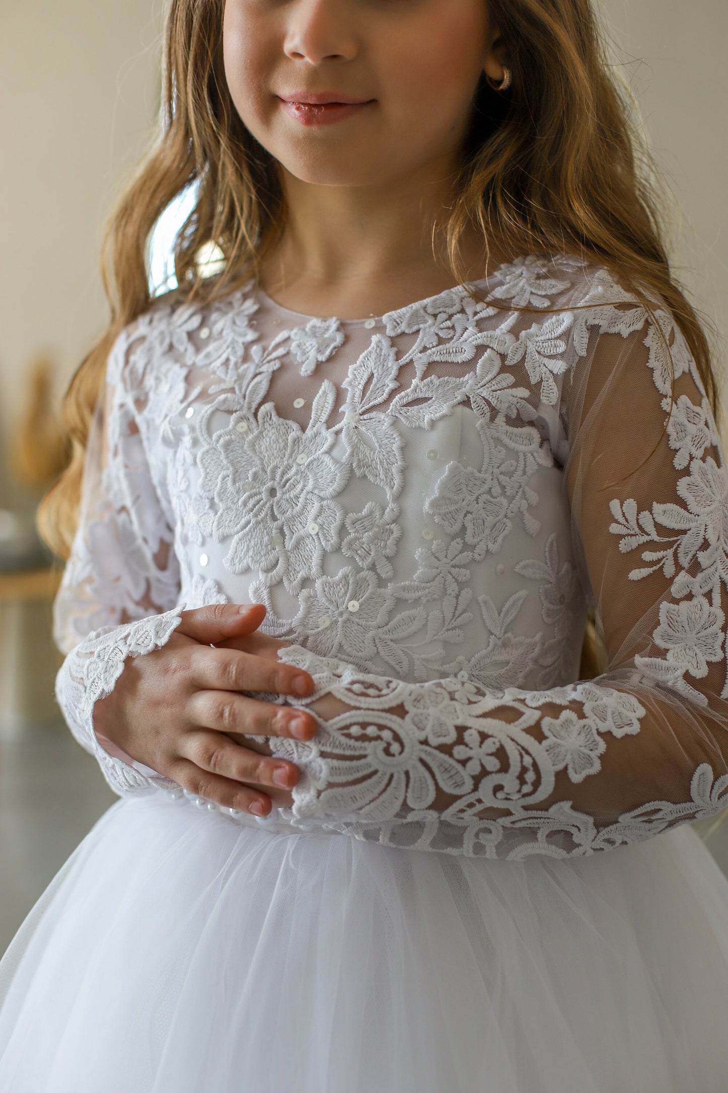 White Lace First Communion dress long puffy sleeve, Flower Girl Dress, wedding guest tulle dress, Baptism gown, Junior Bridesmaid dress