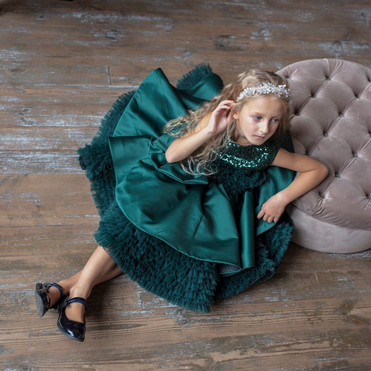 Xmas Green Girl Dress, Christmas Photoshoot Toddler Gown, Tutu Girl Dress puffy sleeves, Christmas dress, special occasion satin dress