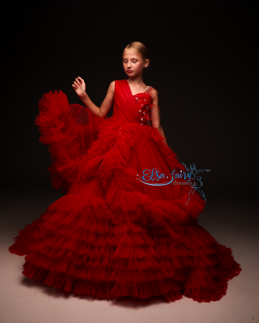 Red Gala evening gown, Pageant ball gown, Flower Girl Dress, Wedding guest Dress, Girl Birthday Dress, Junior bridesmaid gown