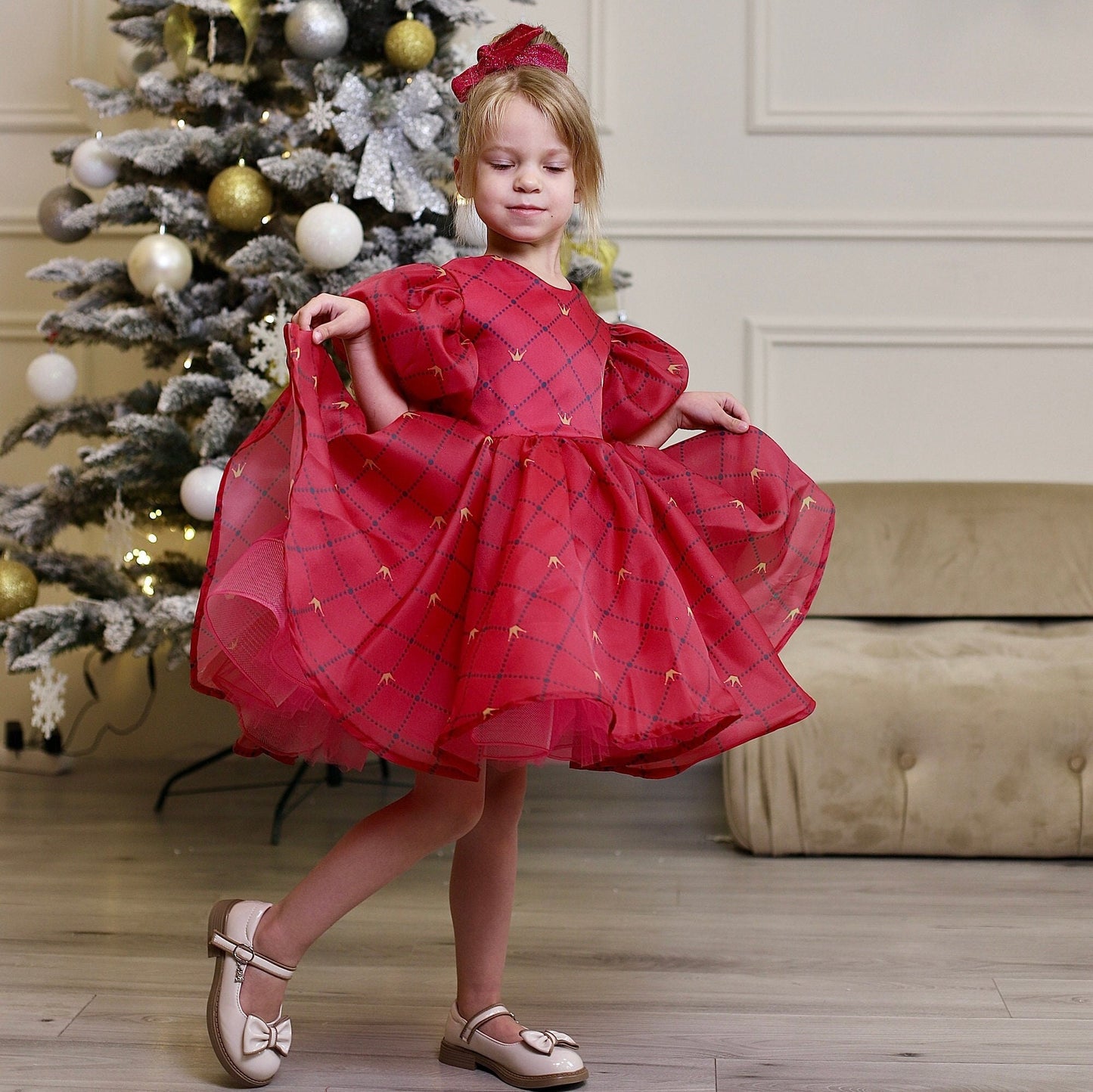 Red Organza Girl Dress, Christmas Photoshoot Toddler Gown, Tutu Girl Dress puffy sleeves, Kids Christmas outfit, special occasion dress