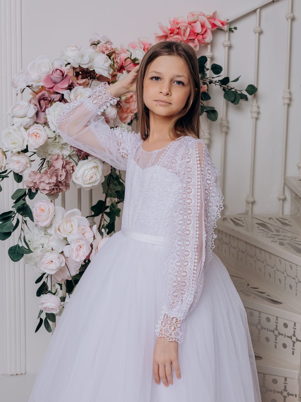 White First communion & Baptism girl dress, Tulle girl dress, long sleeves Lace flower girl dress, wedding junior bridesmaid formal dress,