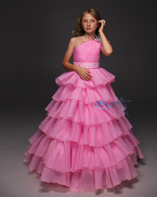 Pink pageant girl dress with beaded shoulders and waist, flower girl dress, long formal wear, organza tulle dress, birthday ball gown