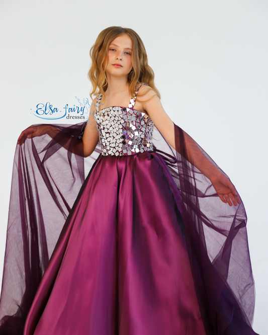 Purple pageant evening gown with stoned bodice, flower girl dress, long formal wear, organza tulle dress, birthday ball gown