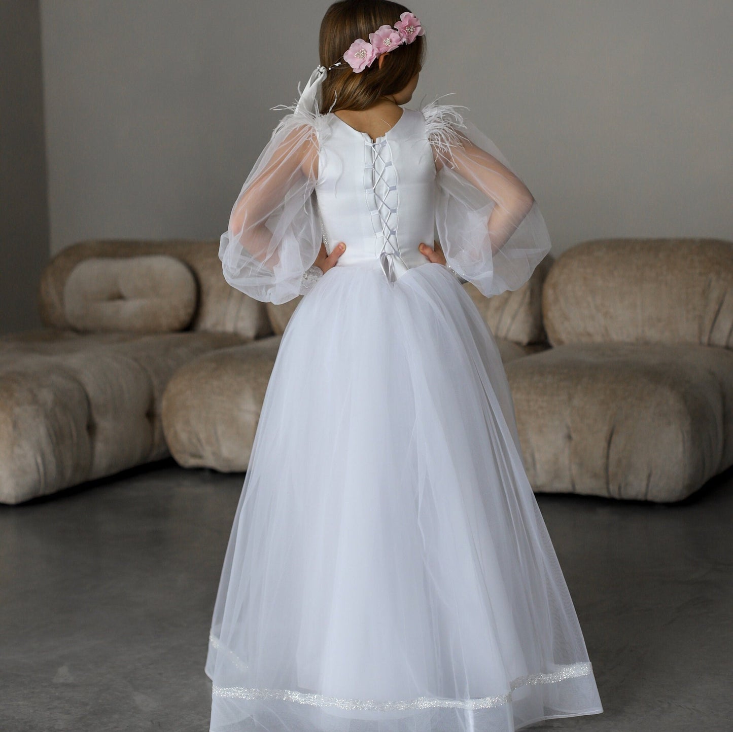 White Lace First Communion dress long puffy sleeve, Flower Girl Dress, wedding guest tulle dress, Baptism gown, Junior Bridesmaid dress