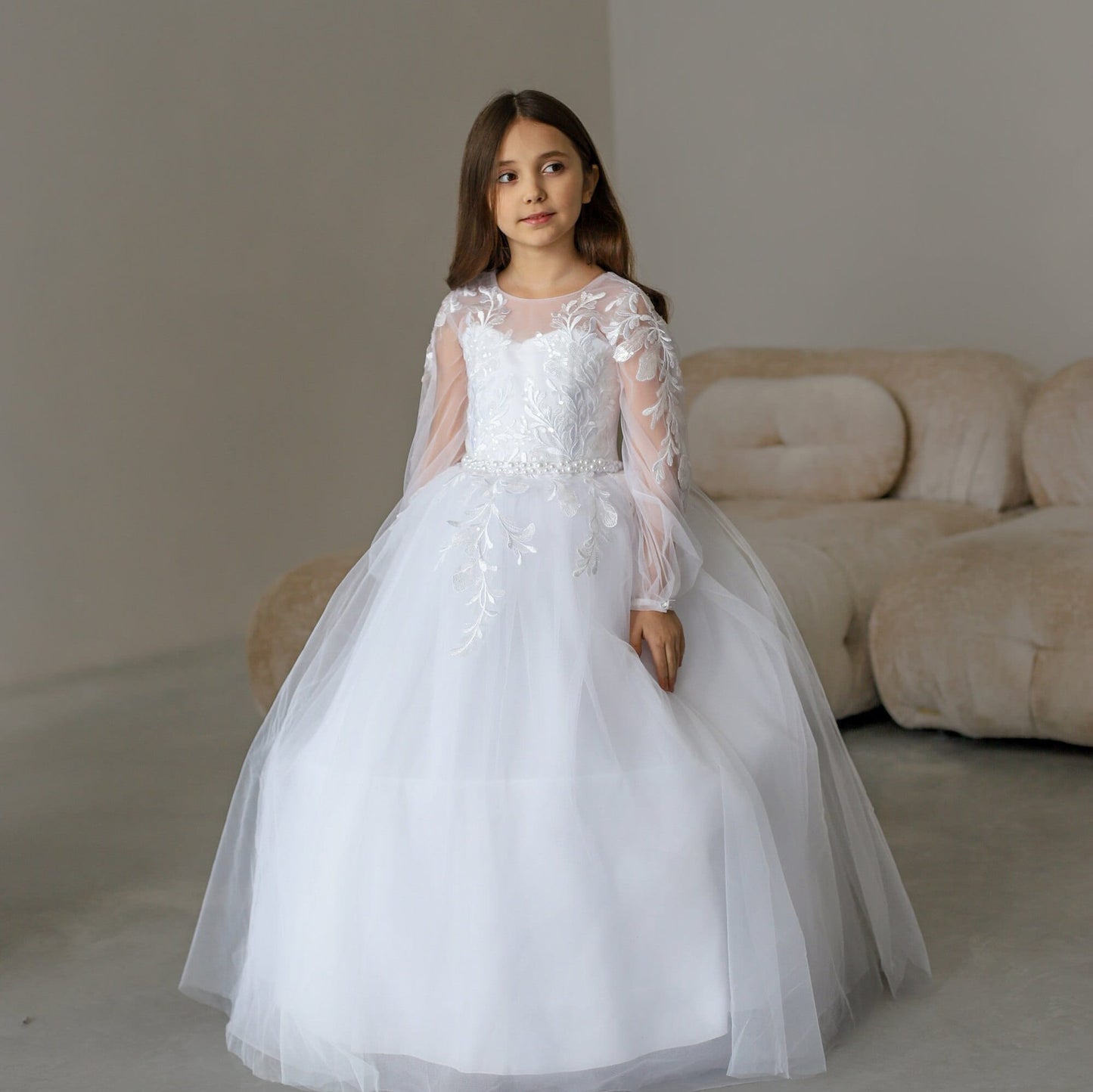 White Lace First Communion dress long puffy sleeve, Flower Girl Dress, wedding guest tulle dress, Baptism gown, Junior Bridesmaid dress