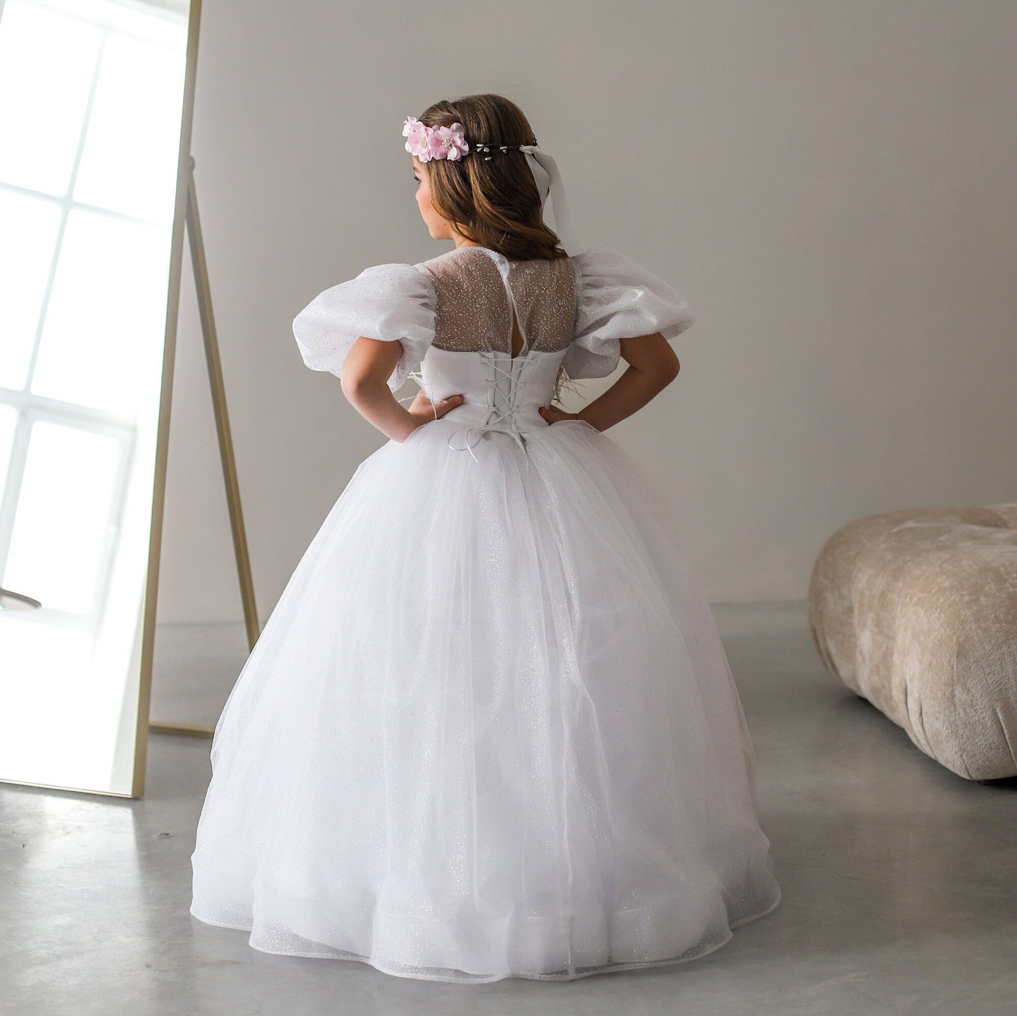 White Lace First Communion dress long puffy sleeve, Flower Girl Dress, wedding guest tulle dress, Baptism gown, Junior Bridesmaid dress