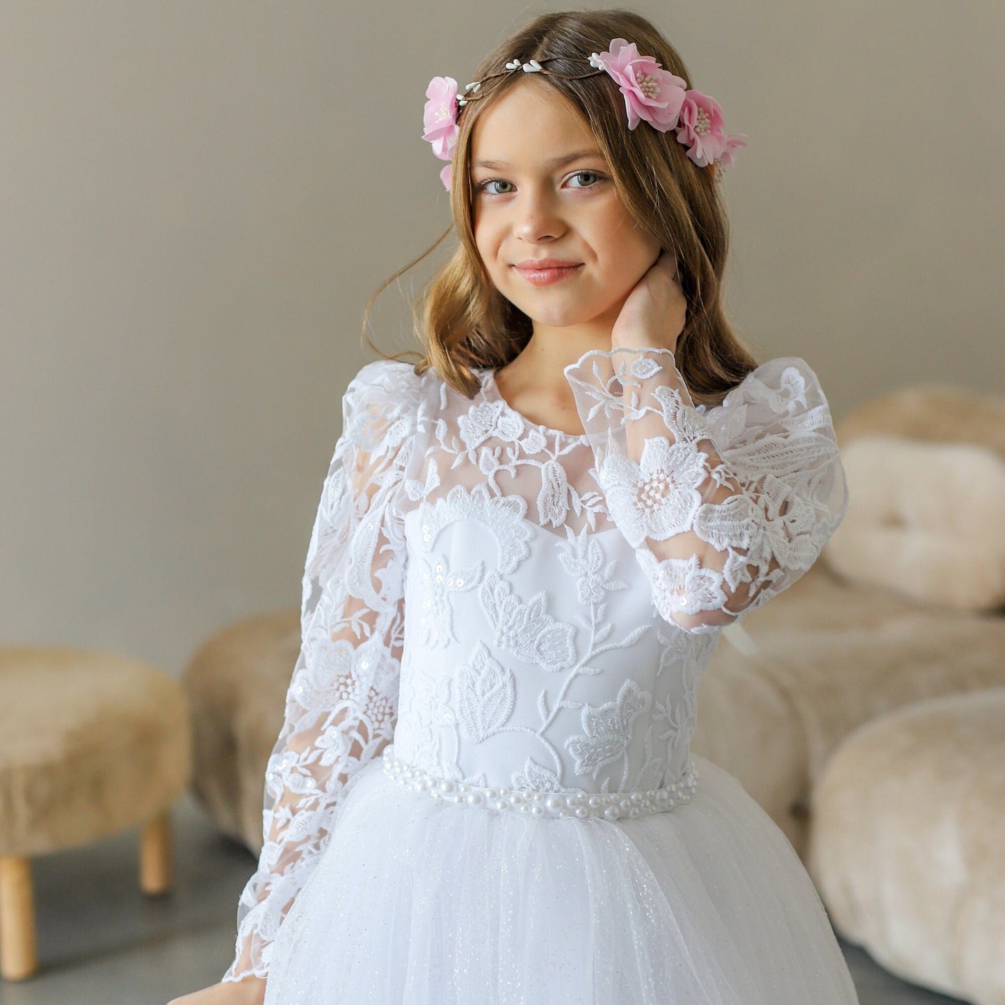 White Lace First Communion dress long puffy sleeve, Flower Girl Dress, wedding guest tulle dress, Baptism gown, Junior Bridesmaid dress