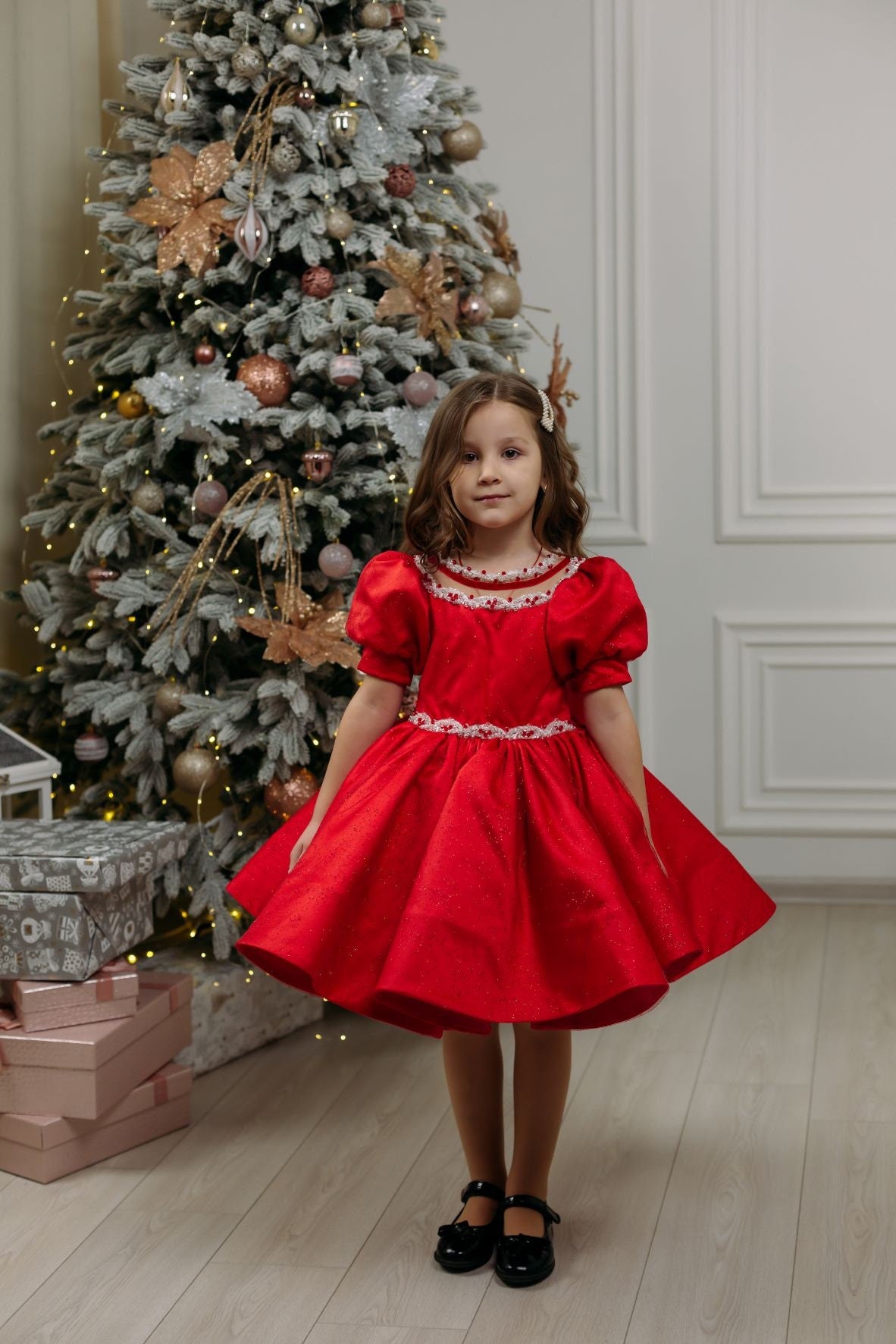 Xmas Red Girl Dress, Christmas Photoshoot Toddler Gown, Tutu Girl Dress puffy sleeves, Kids Christmas outfit, special occasion satin dress