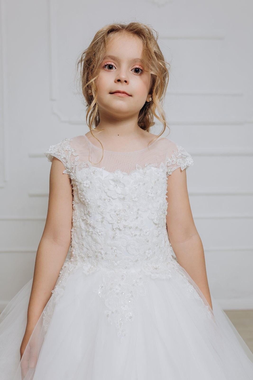 White lace First communion & Baptism dress, flower girl dress, wedding guest dress, Bridesmaids dress, holy communion gown, mini bride dress