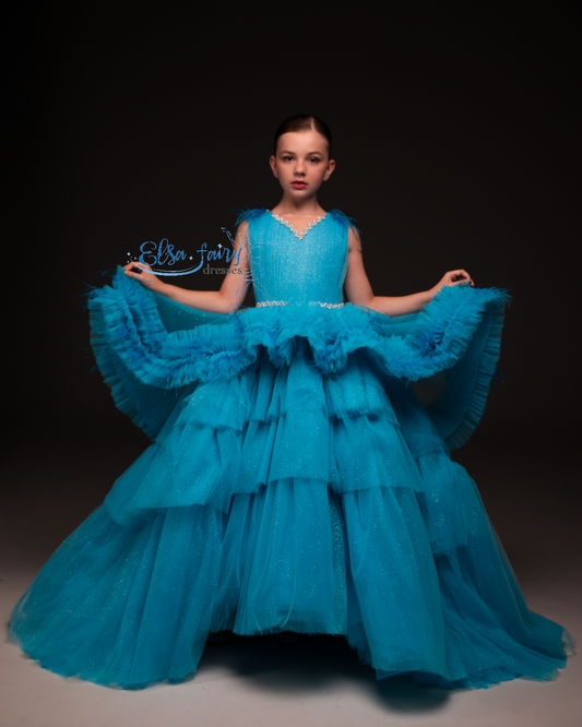 Blue Gala evening gown, Pageant ball gown, Birthday Girl Dress, Flower Girl Dress, Wedding guest Dress, junior bridesmaid gown