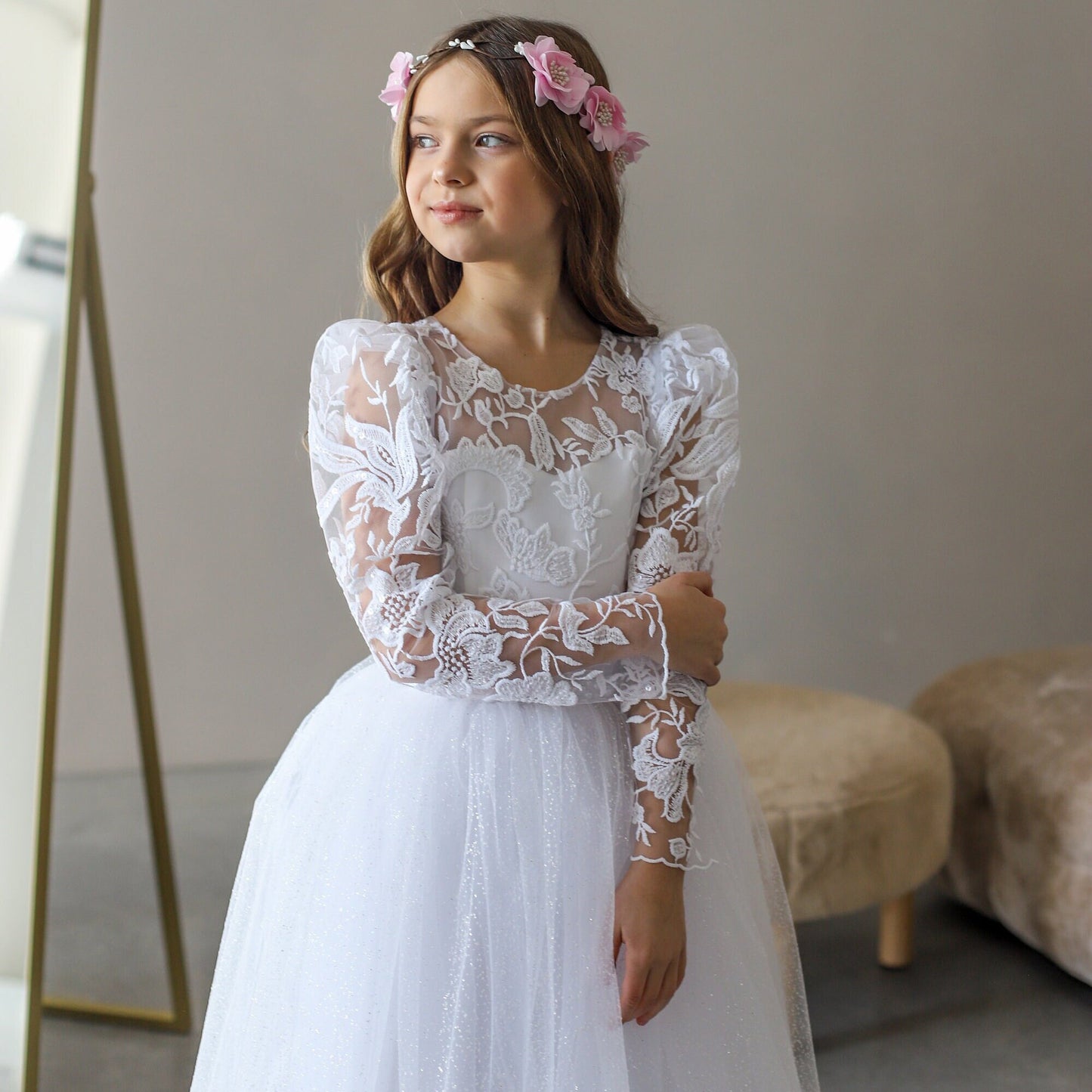 White Lace First Communion dress long puffy sleeve, Flower Girl Dress, wedding guest tulle dress, Baptism gown, Junior Bridesmaid dress